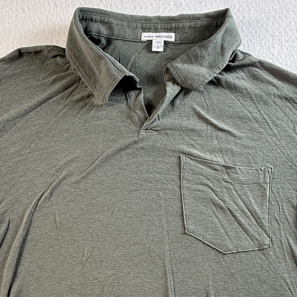 James Perse Polo Mens 3 Cotton Linen Blend Short Sleeve Chest Pocket Green
